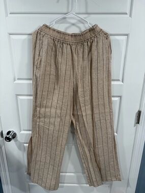 Women’s Beige Stripe Casual Linen-Blend Pants